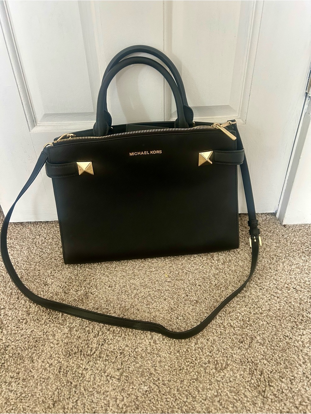 Michael Kors Black Leather Satchel with Gold Accents